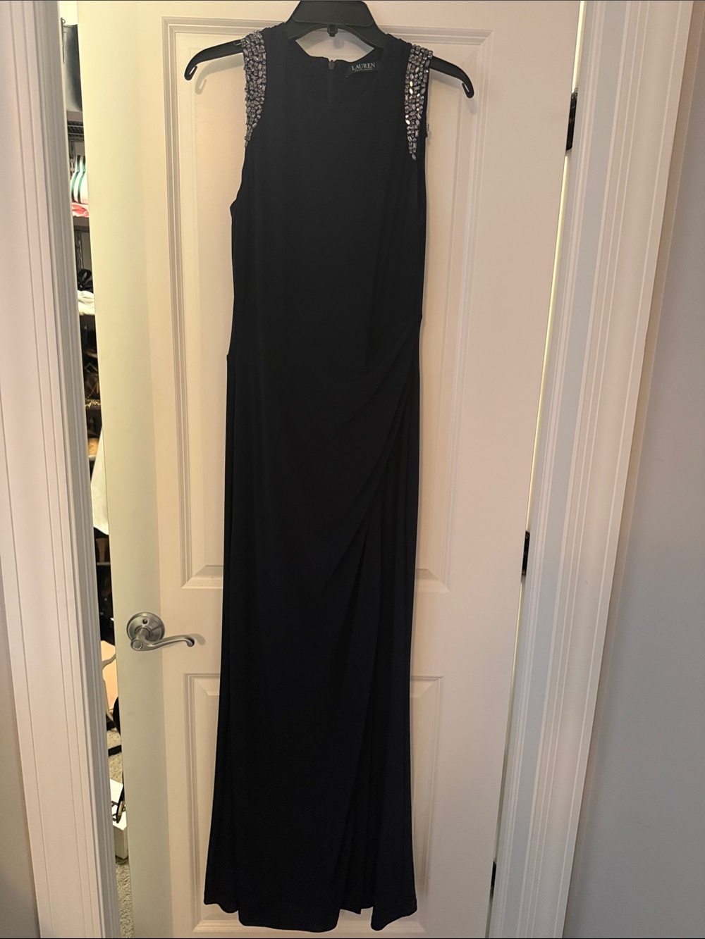 Lauren Navy Blue Sleeveless Maxi Gown with Beaded Shoulders
